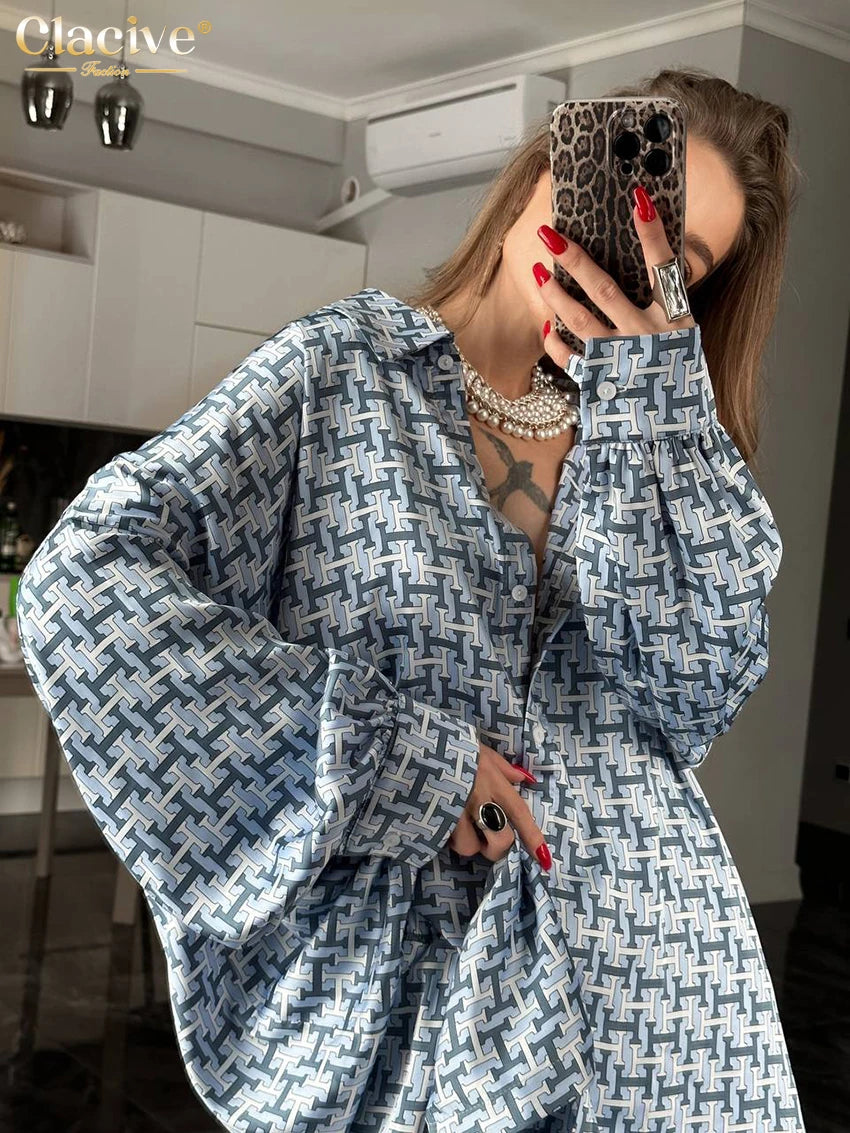 Clacive Fashion Women Elegant Long Sleeve Shirt With High Waist Wide Pants Set Streetwear