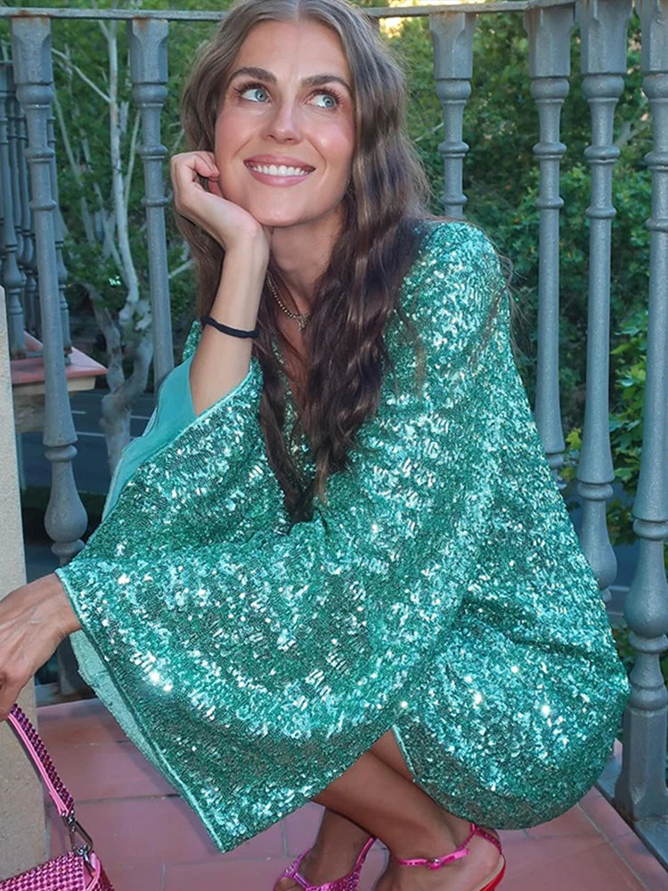 Sequins Hollow Out Mini Dress For Women Sexy V-neck