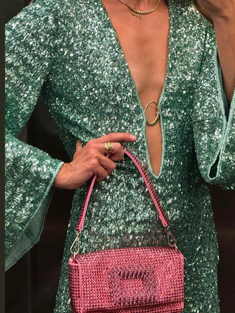 Sequins Hollow Out Mini Dress For Women Sexy V-neck