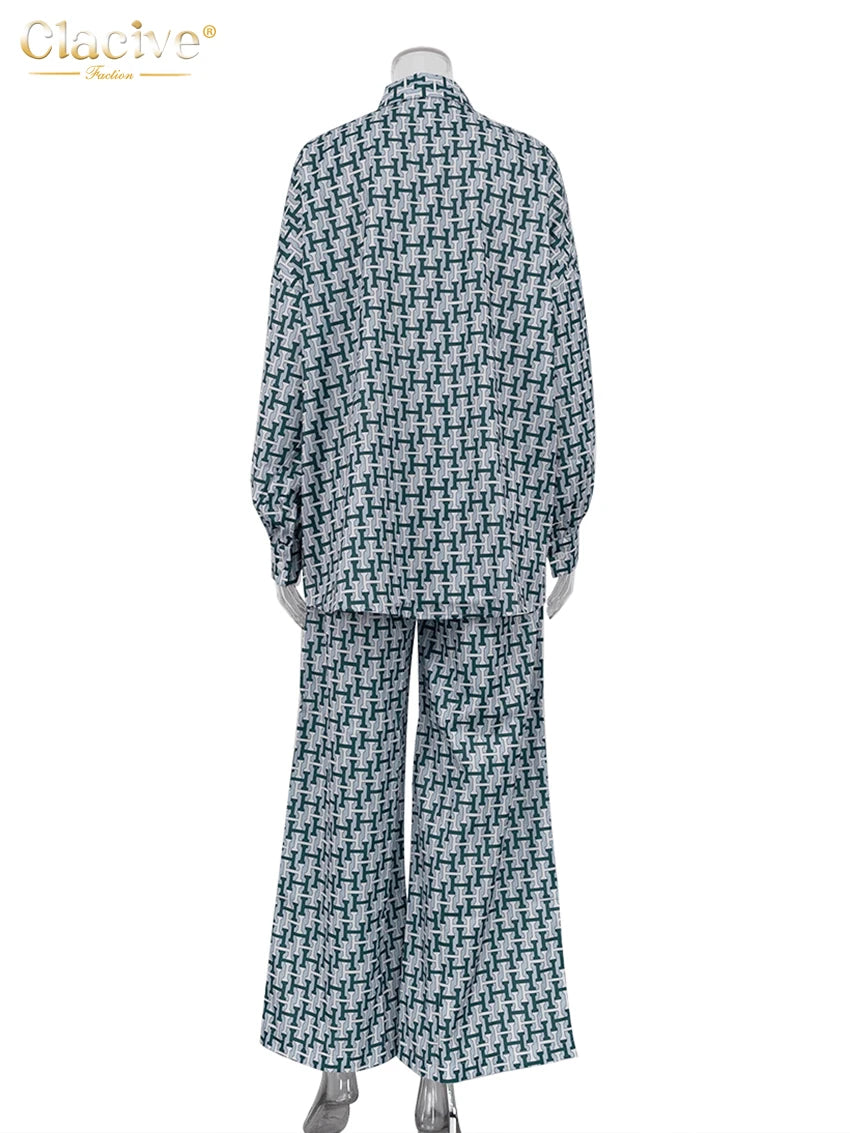 Clacive Fashion Women Elegant Long Sleeve Shirt With High Waist Wide Pants Set Streetwear