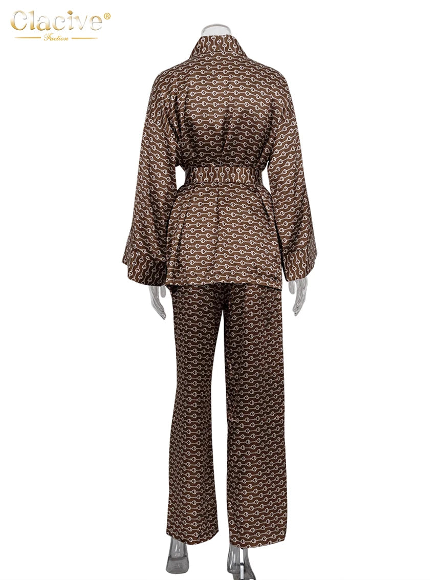 Female Fashion Elegant Lace-Up Long Sleeve Robes Two Piece Set Women