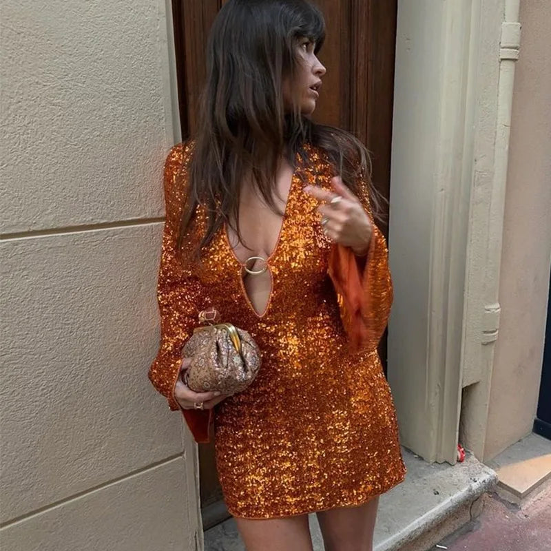 Sequins Hollow Out Mini Dress For Women Sexy V-neck