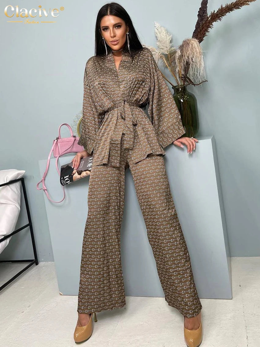 Female Fashion Elegant Lace-Up Long Sleeve Robes Two Piece Set Women