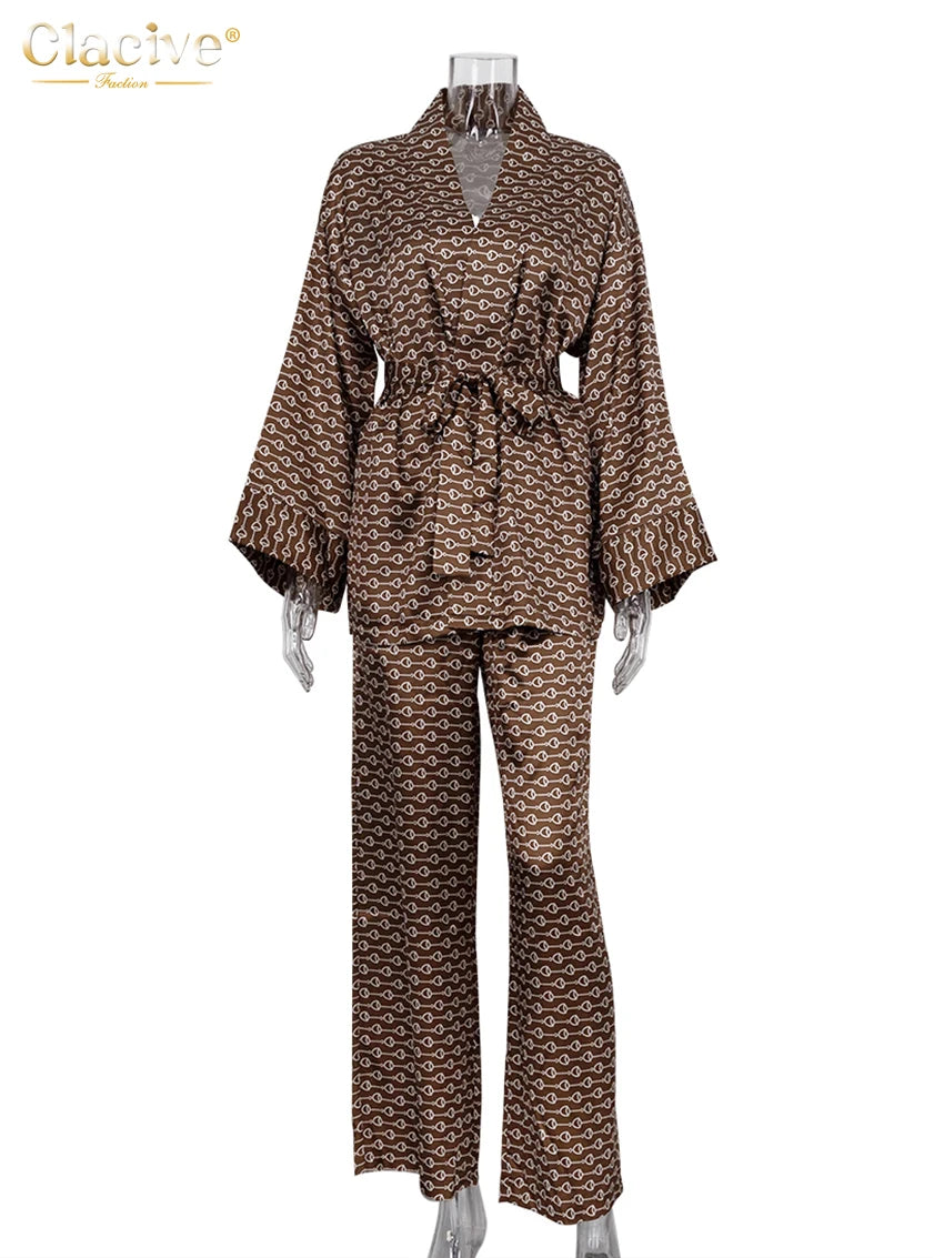 Female Fashion Elegant Lace-Up Long Sleeve Robes Two Piece Set Women