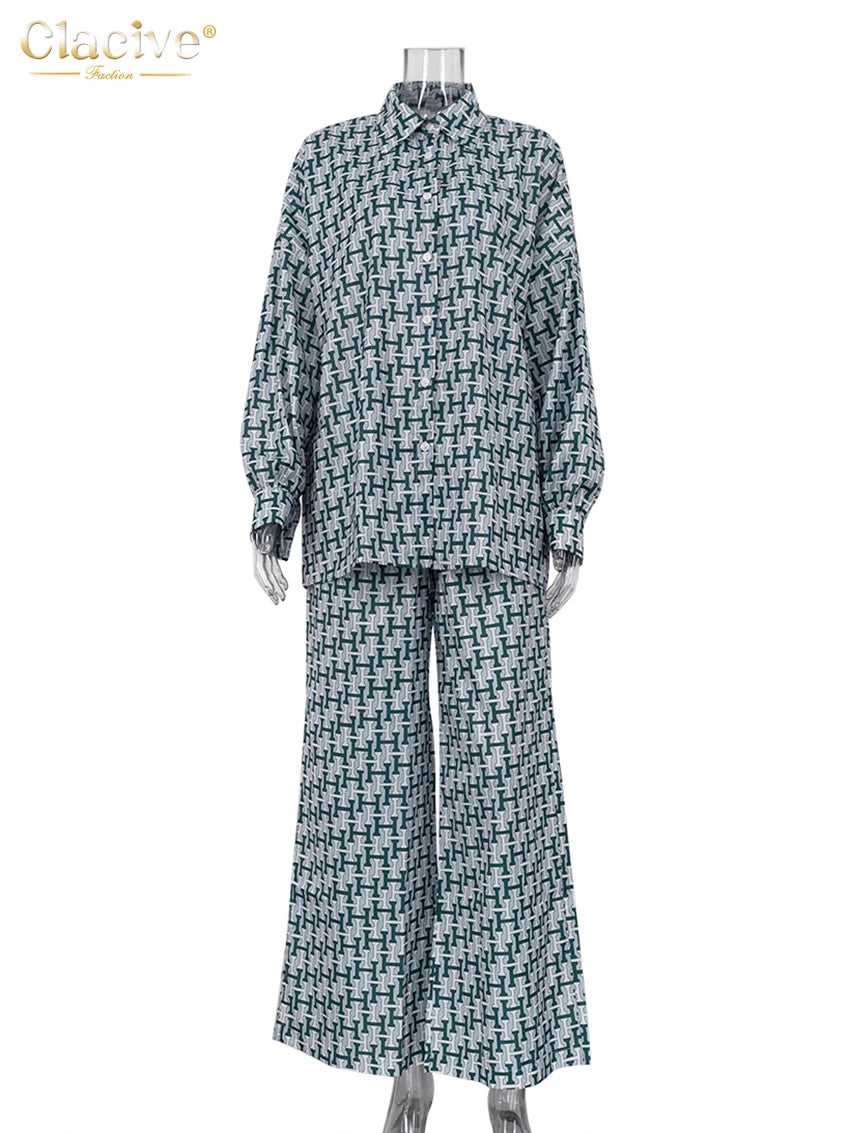 Clacive Fashion Women Elegant Long Sleeve Shirt With High Waist Wide Pants Set Streetwear