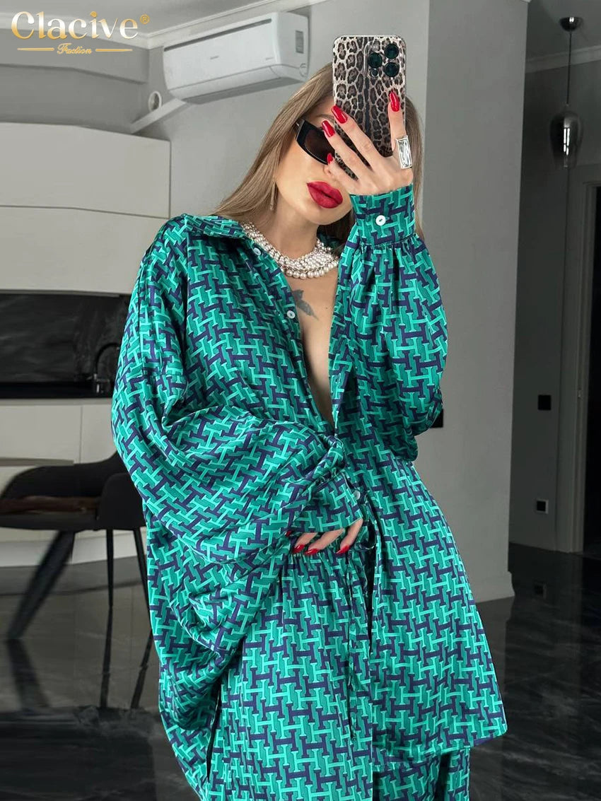 Clacive Fashion Women Elegant Long Sleeve Shirt With High Waist Wide Pants Set Streetwear